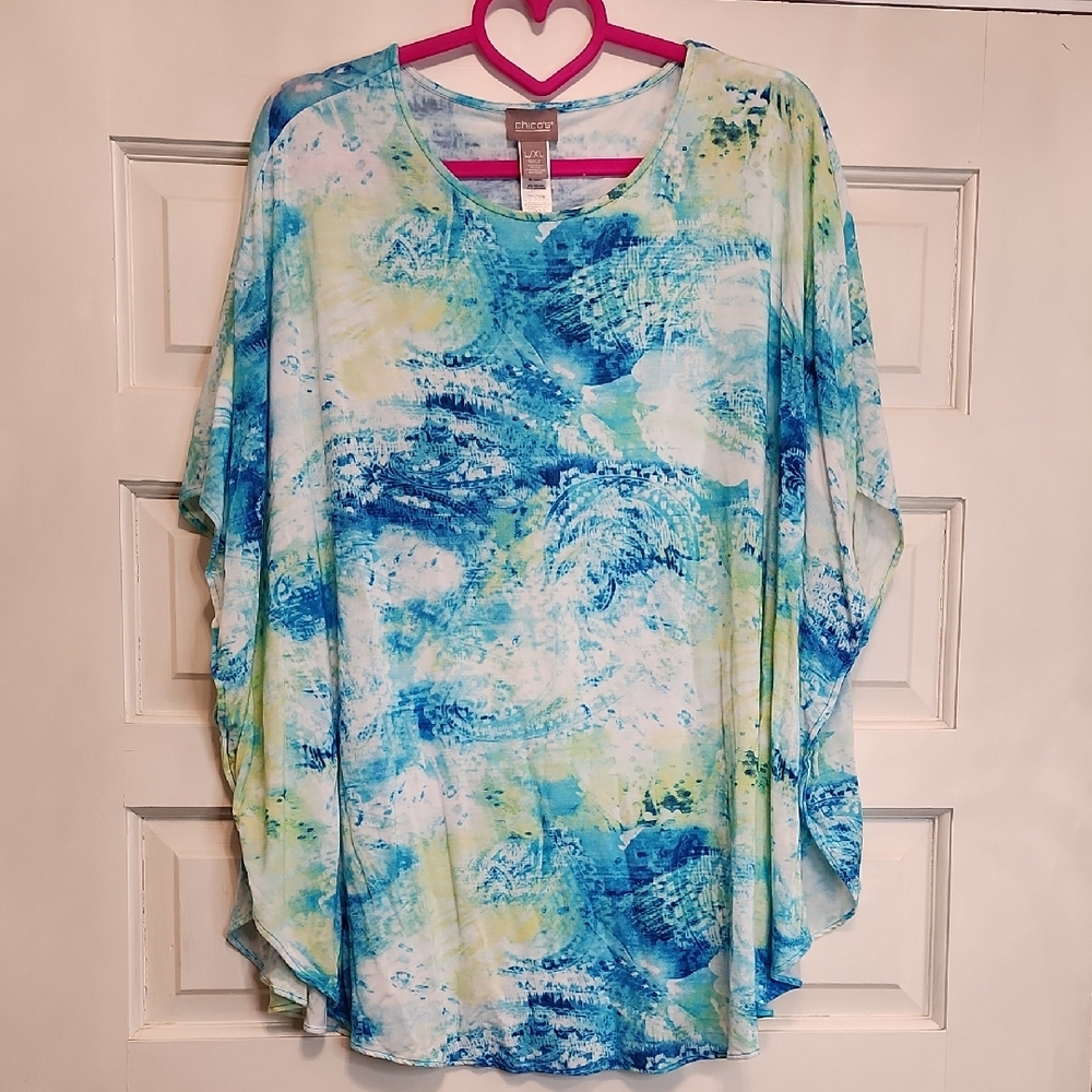CHICOS Blue and Green Abstract Blouse